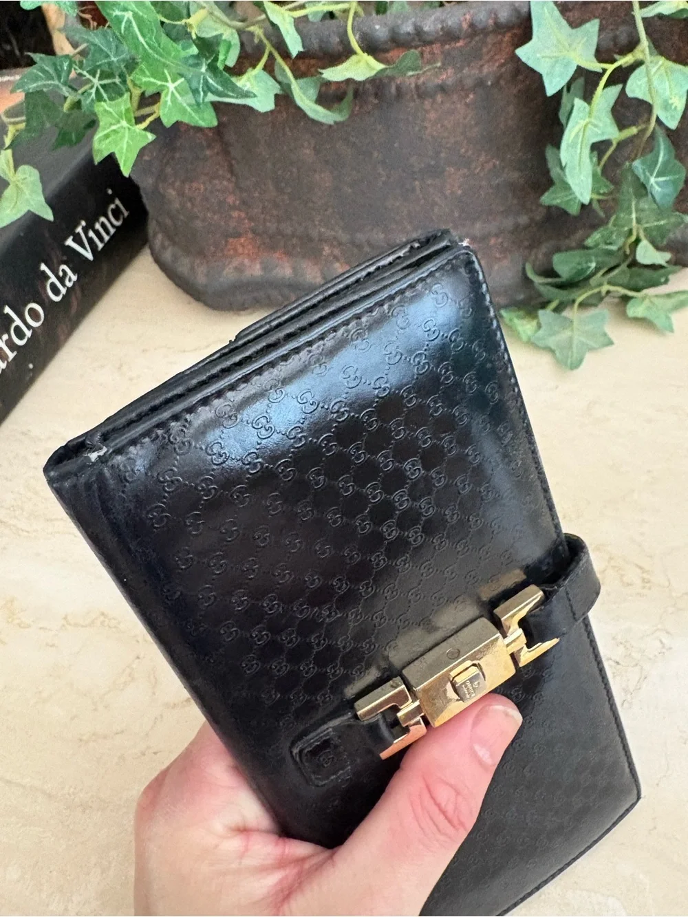Gucci Jackie 1961 Monogram Black Leather Wallet with Gold Hardware